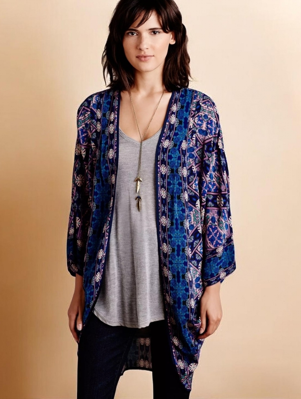 Tolani Floral & Geometric Open Kimono in Blue and Purple